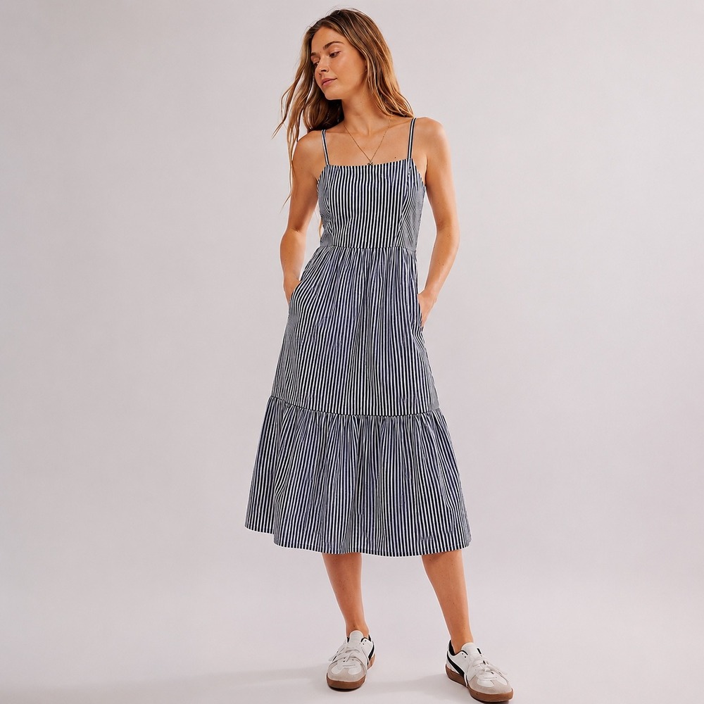 Gap Dress Blue White Striped Linen Blend Apron Ruffle Midi‎ Smocked 10 Tall